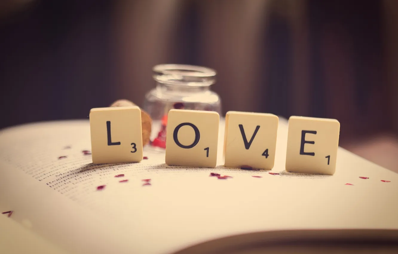 Photo wallpaper macro, love, letters, figures, book, love, the word, page