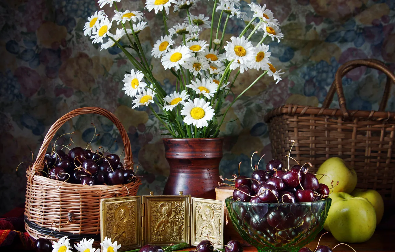 Photo wallpaper flowers, cherry, table, apples, chamomile, vase, still life, cherry