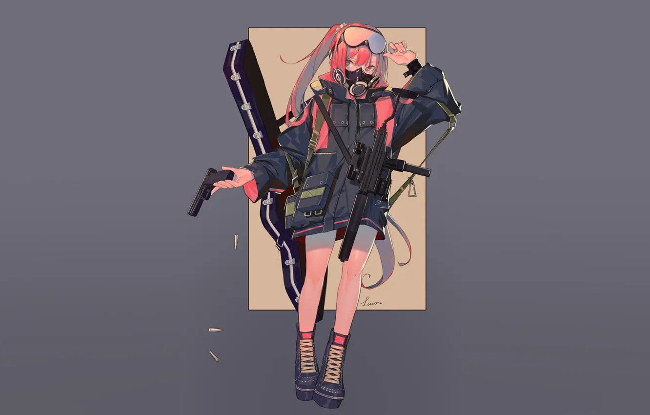 Photo wallpaper girl, weapons, background, anime, art, jacket