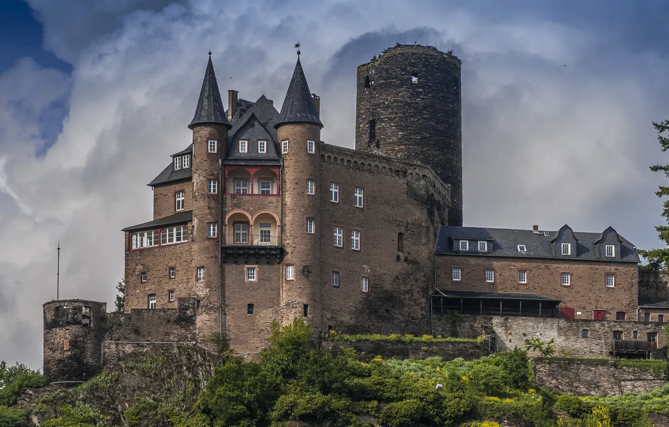 Photo wallpaper clouds, trees, castle, wall, tower, Germany, the bushes, Burg Katz Castle