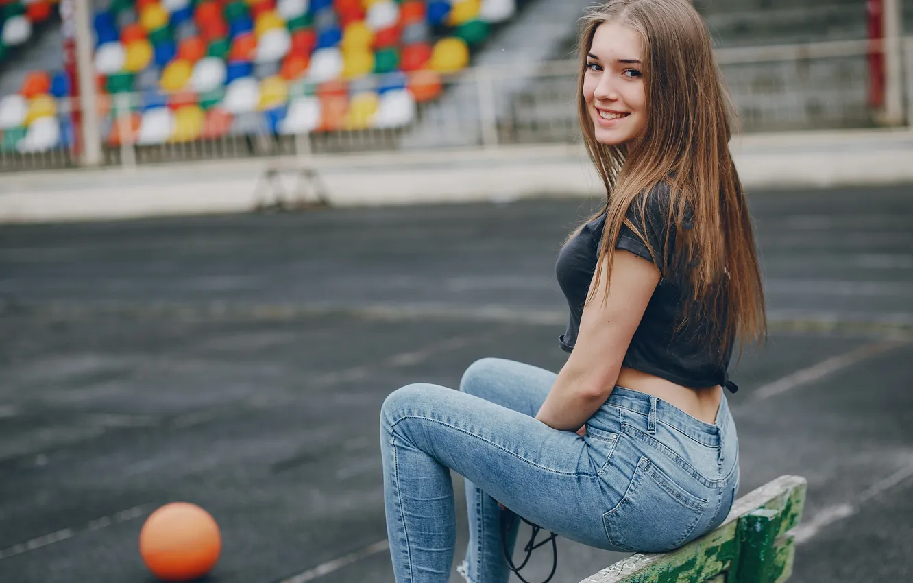 Photo wallpaper girl, jeans, ball, cute