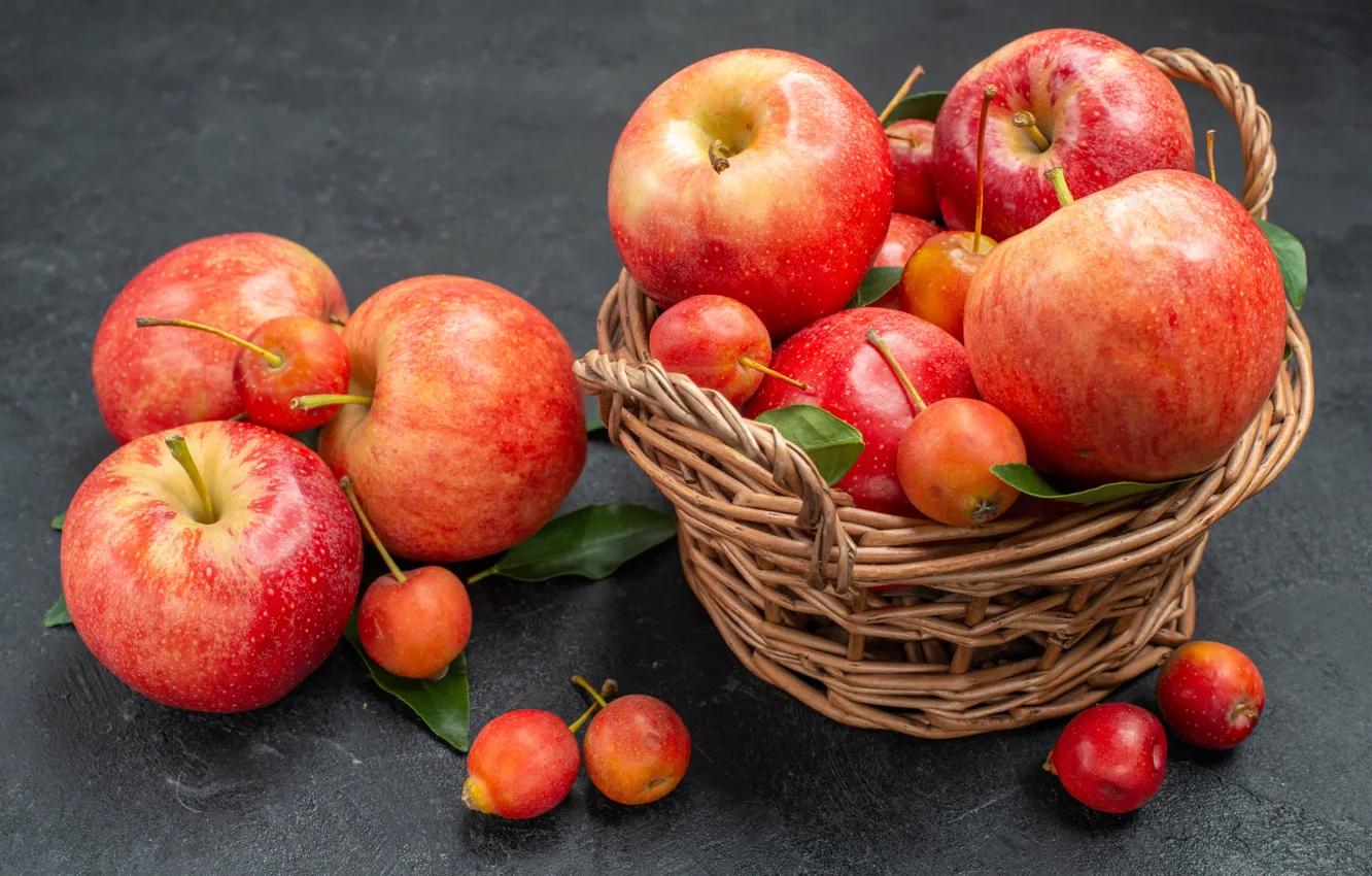 Photo wallpaper leaves, red, table, apples, rope, fruit, grey background, basket