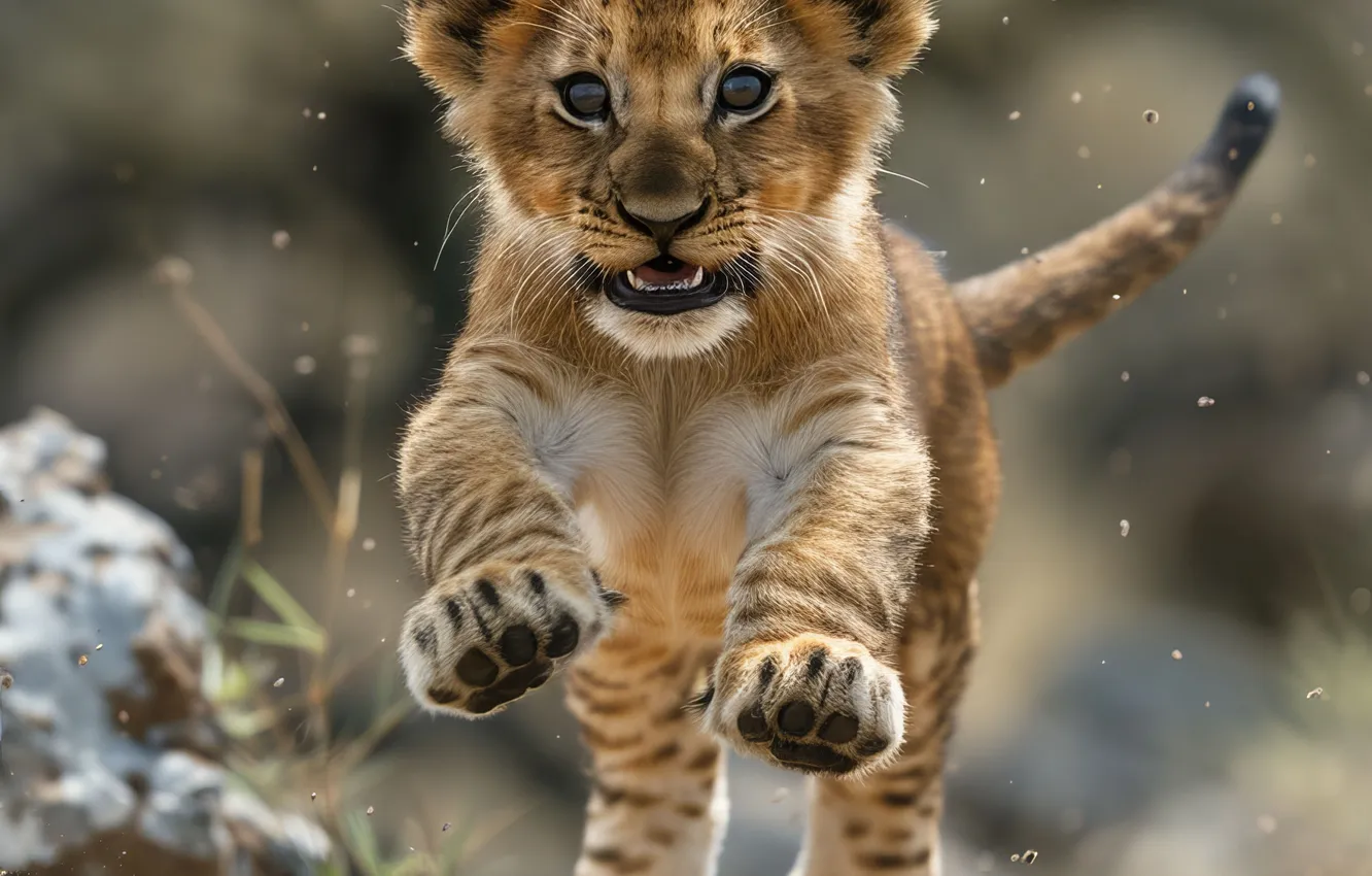 Photo wallpaper jump, predator, Leo, baby, kitty, lion, big cat, digital art