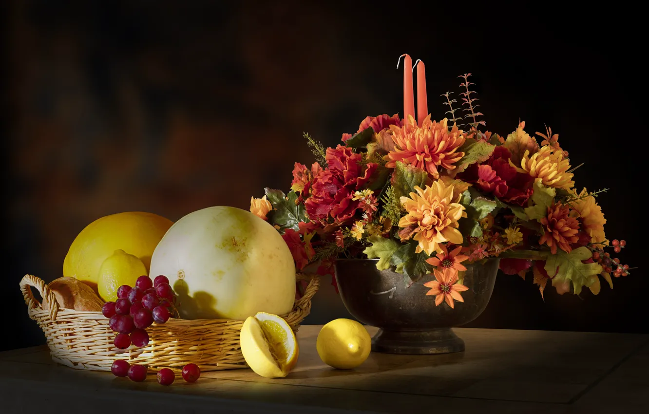 Photo wallpaper light, flowers, the dark background, table, bouquet, candles, grapes, pumpkin