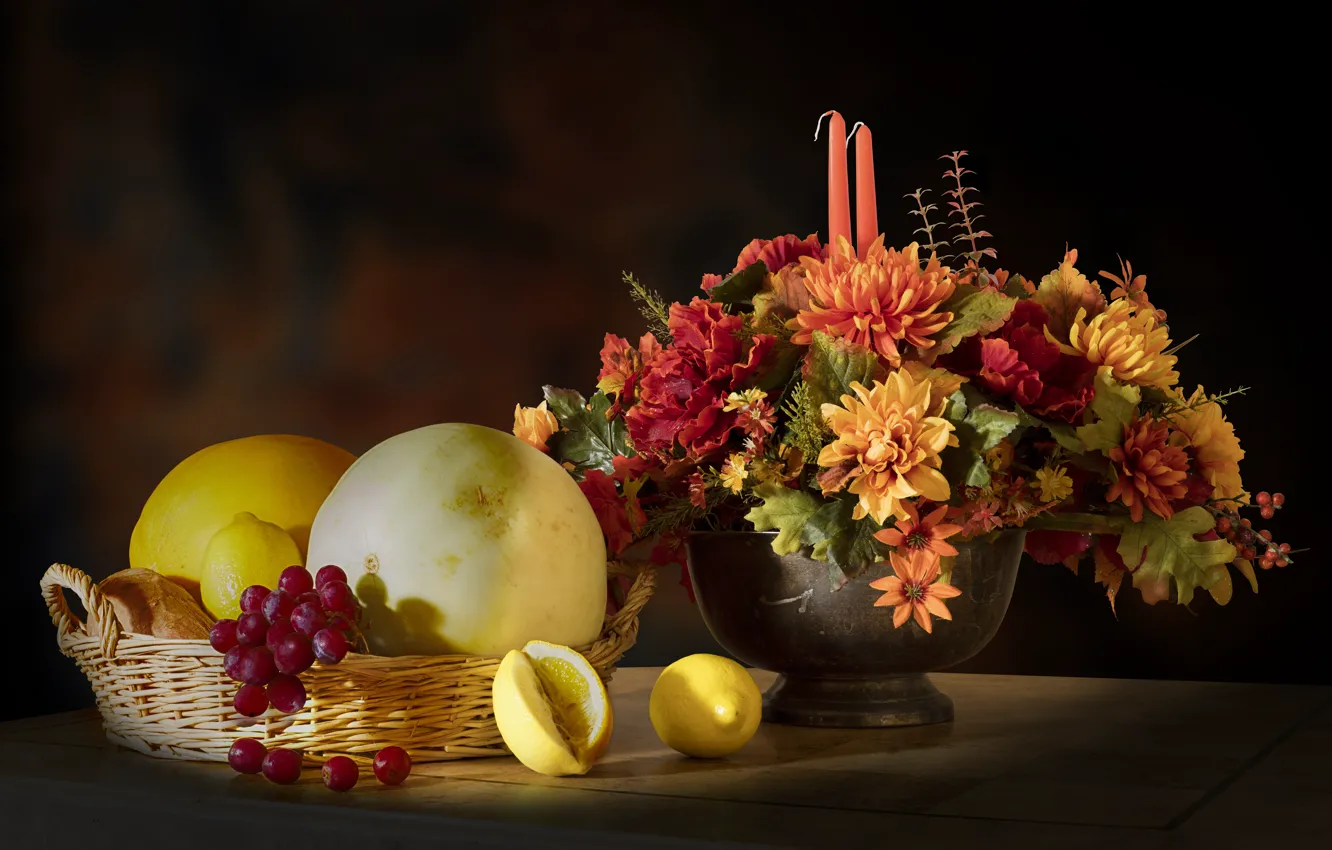 Photo wallpaper light, flowers, the dark background, table, lemon, bouquet, candles, grapes