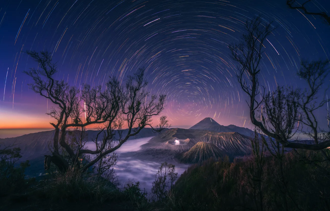 Photo wallpaper stars, mountains, night, the volcano, Indonesia, Bromo, Java