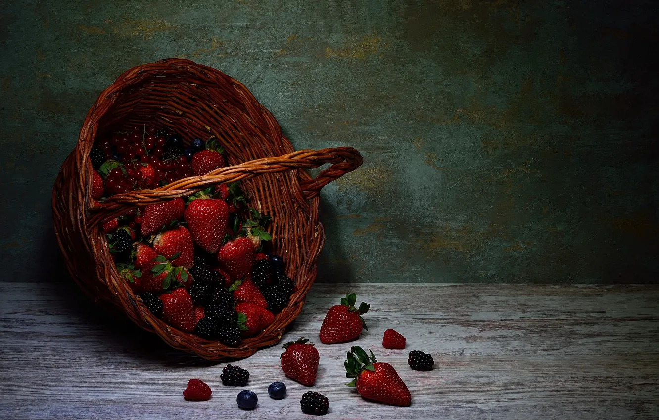 Photo wallpaper berries, the dark background, table, strawberry, still life, basket, currants, BlackBerry