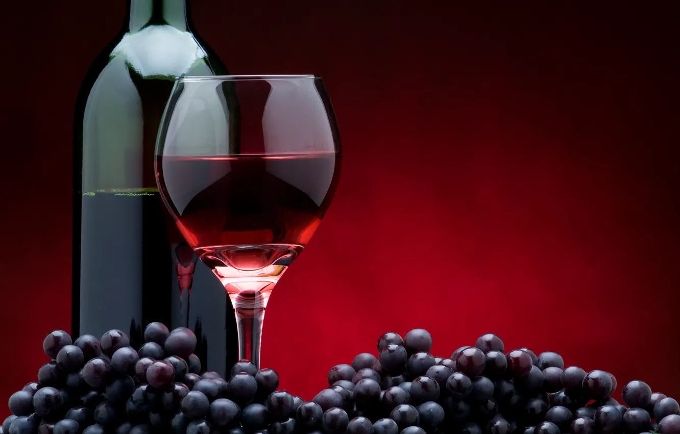 Photo wallpaper glass, red, the dark background, wine, glass, bottle, grapes