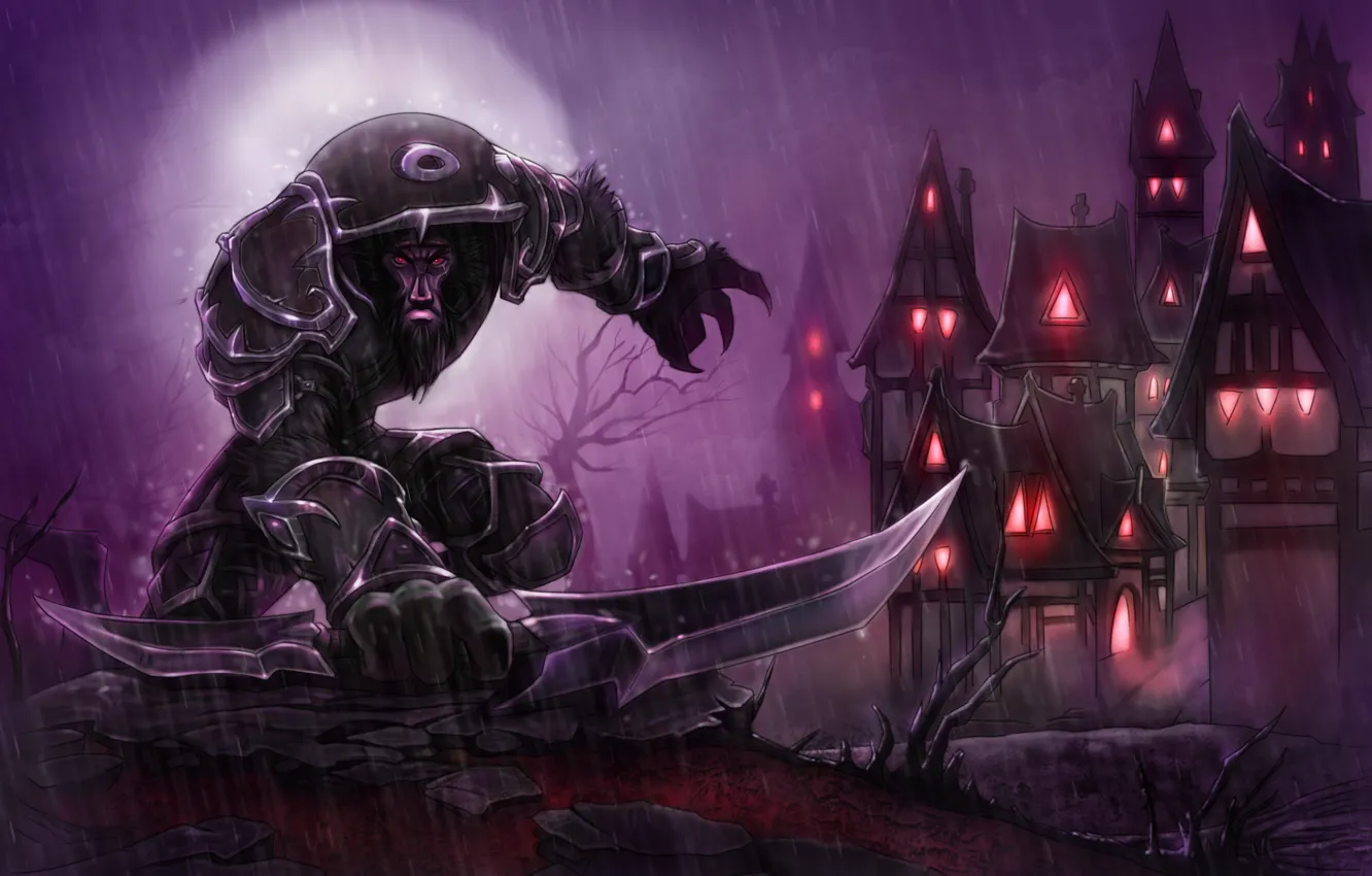 Photo wallpaper the city, rain, warrior, World of Warcraft, the robber, Worgen