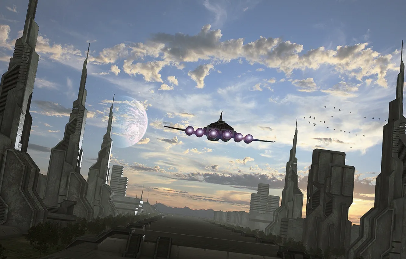 Photo wallpaper the sky, trees, flight, planet, tower, Airport