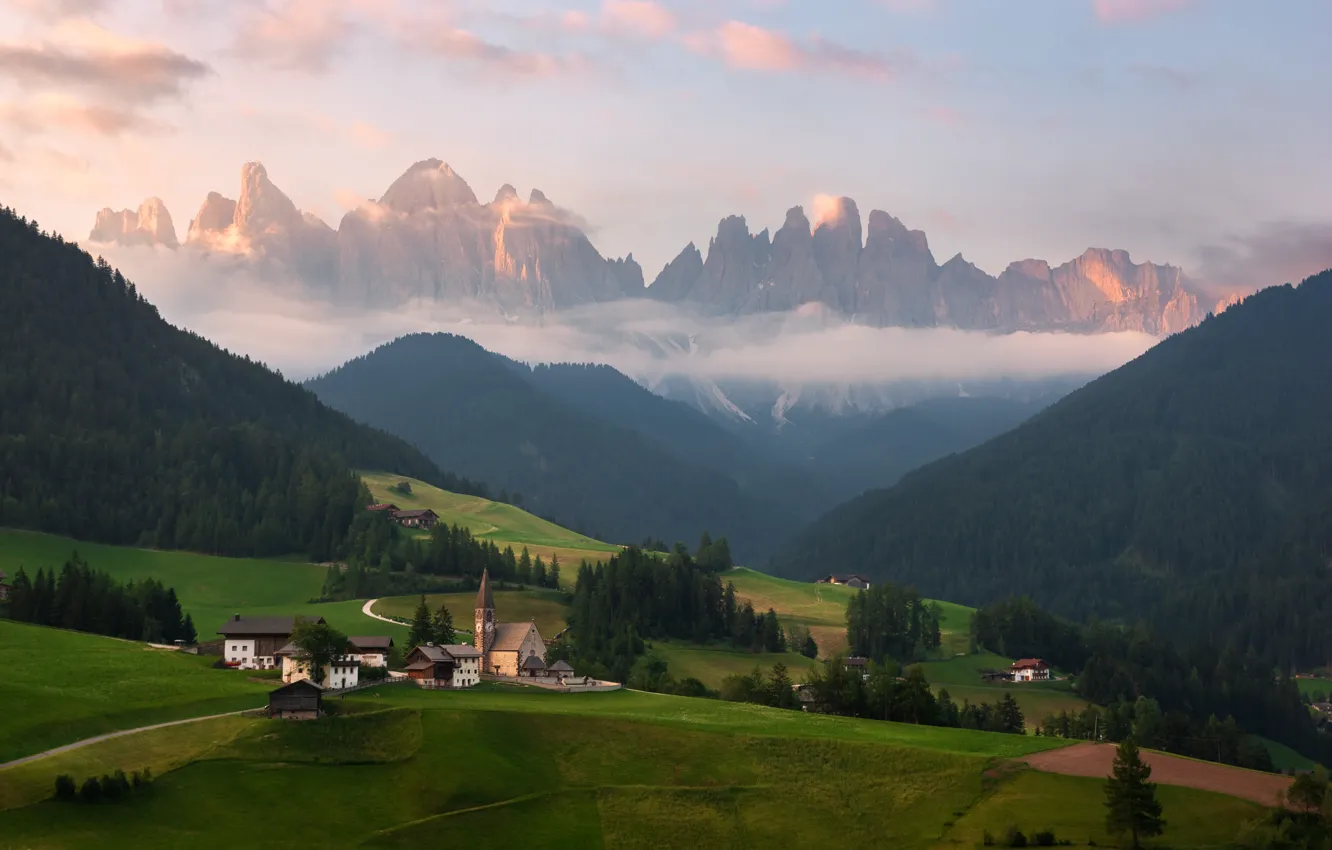 Photo wallpaper fog, Alps, house