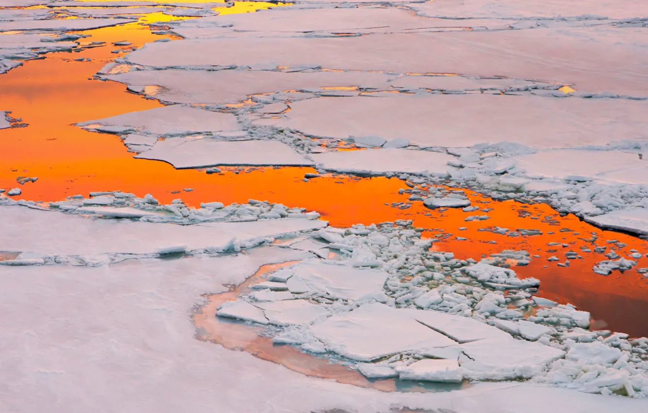 Photo wallpaper ice, sunset, reflection, the ocean, glow, Antarctica