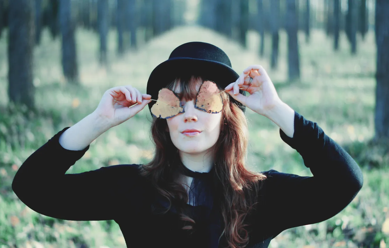 Photo wallpaper greens, forest, leaves, girl, brown hair, hat, bokeh