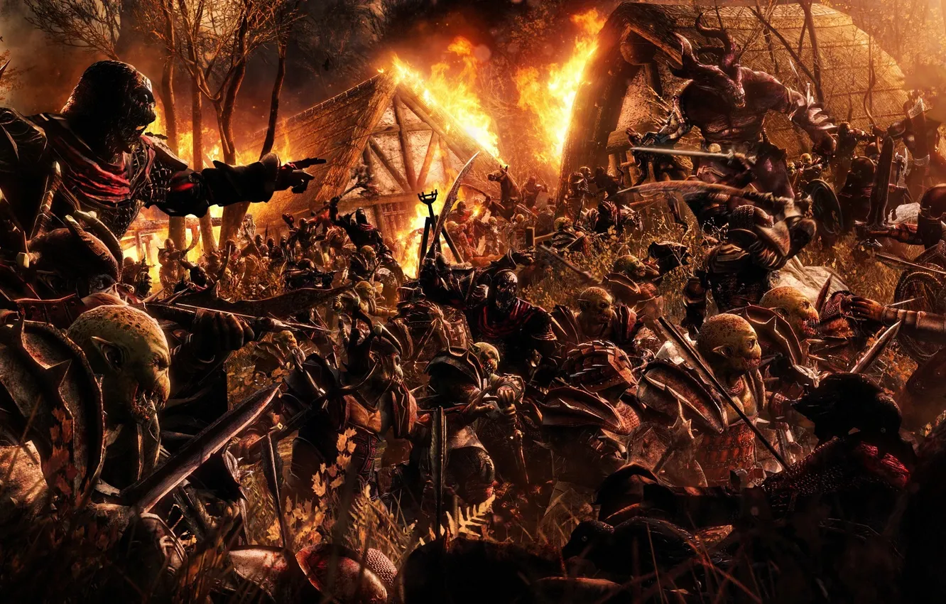 Photo wallpaper night, weapons, fire, home, monster, village, soldiers, attack