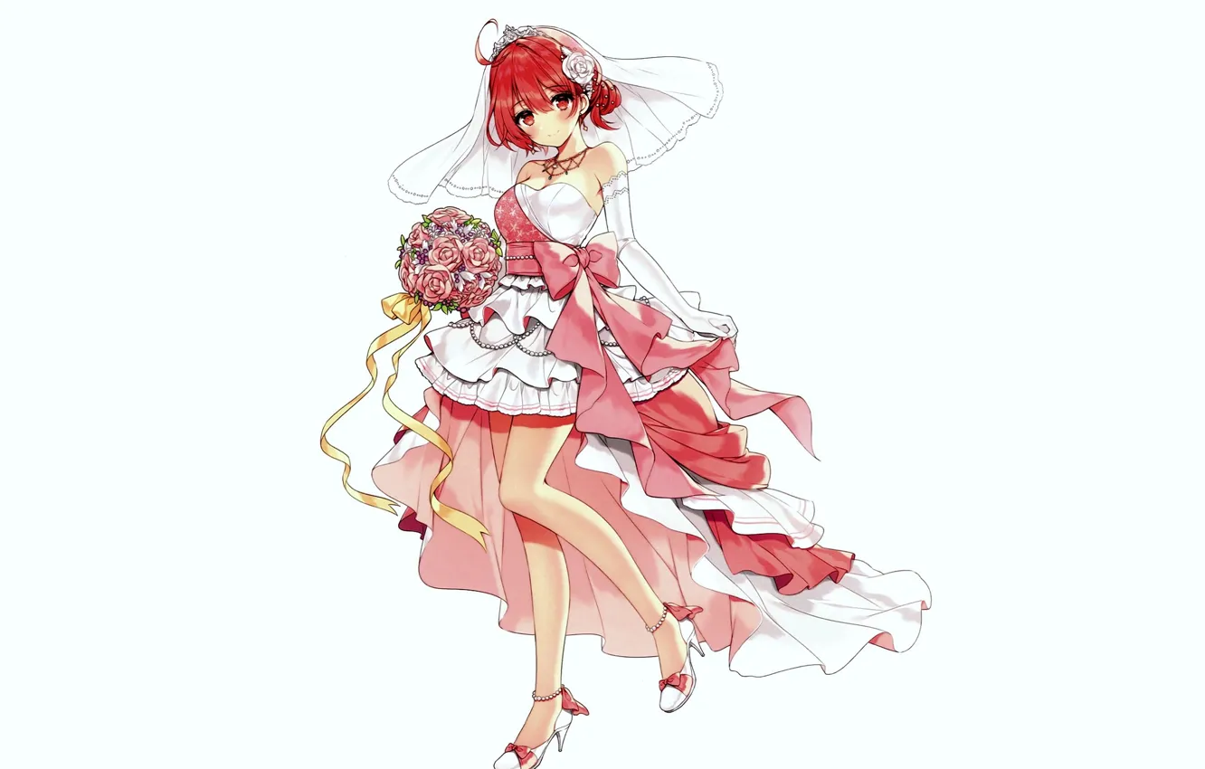 Photo wallpaper white background, corset, red, Diadema, veil, necklace, wedding dress, ruffles