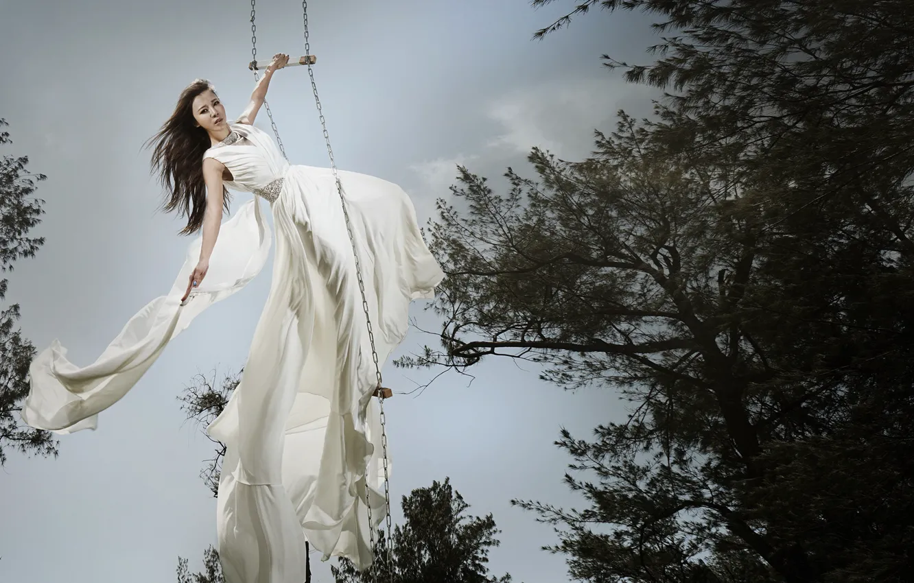 Photo wallpaper girl, background, swing