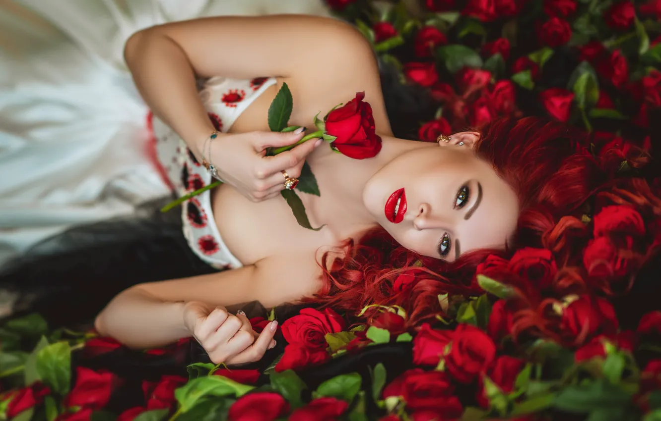 Photo wallpaper look, girl, red, pose, roses, red hair, Diana Lipkina