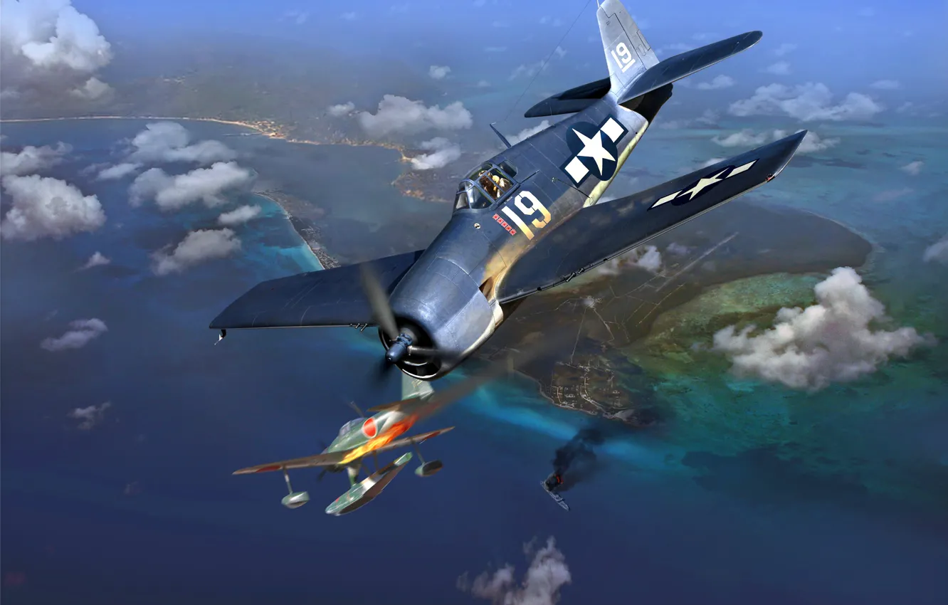 Photo wallpaper Nakajima, A6M2-N, F6F-3 Hellcat, WWII, Float fighter, Radial engine R-2800-10W