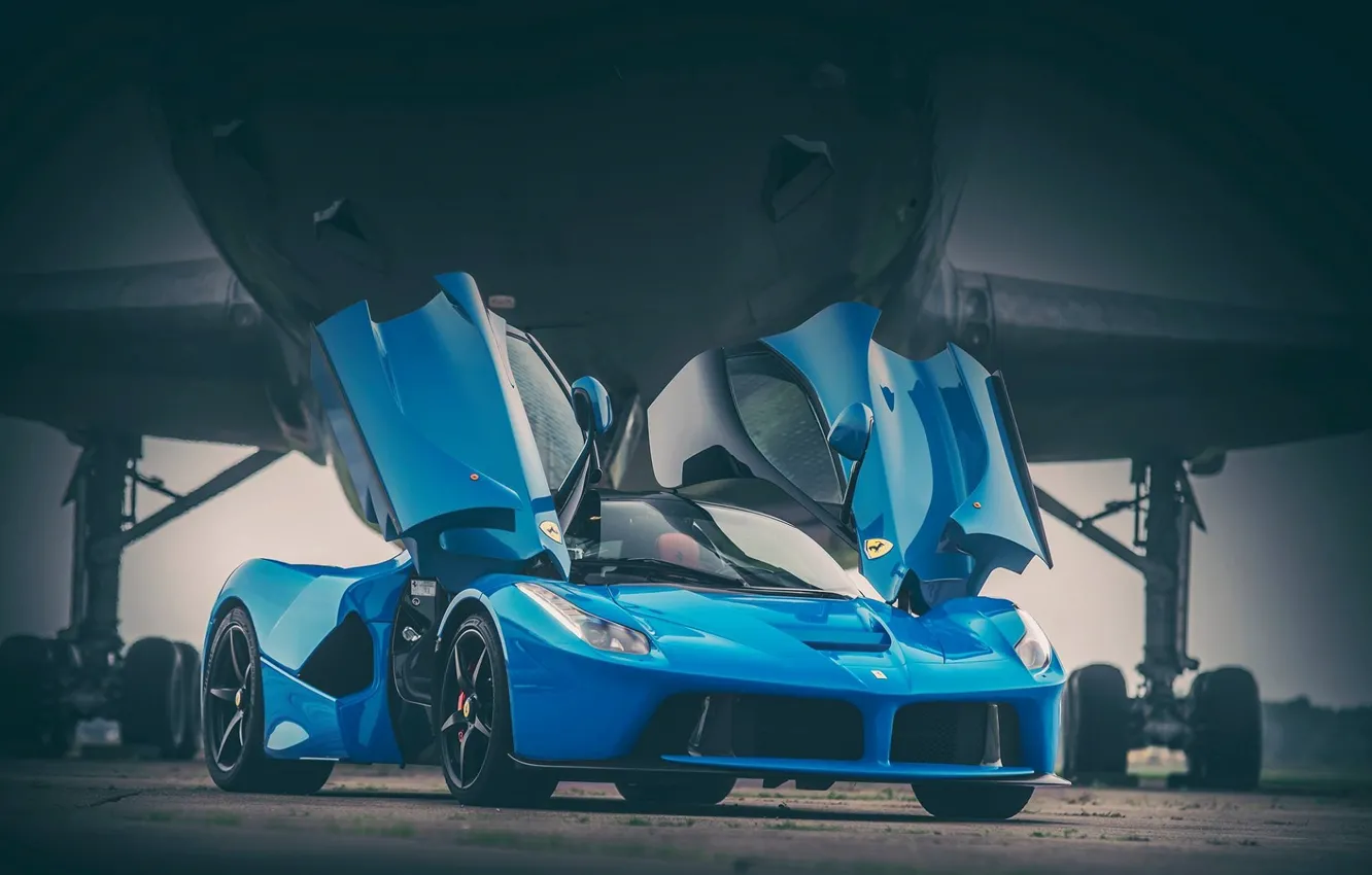 Photo wallpaper Ferrari, Blue, Front, Supercar, LaFerrari, Plane, Doors, Runway