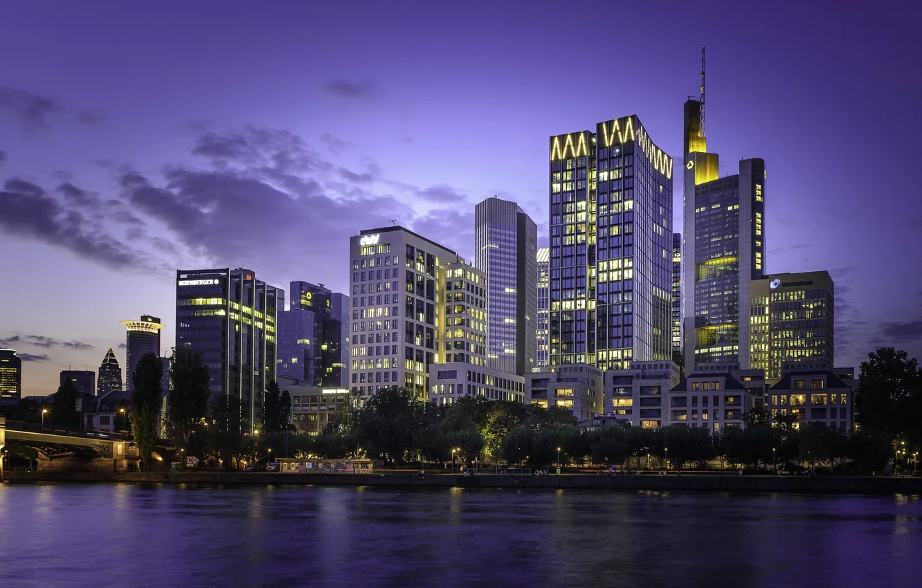 Photo wallpaper the sky, clouds, trees, night, the city, shore, building, tower