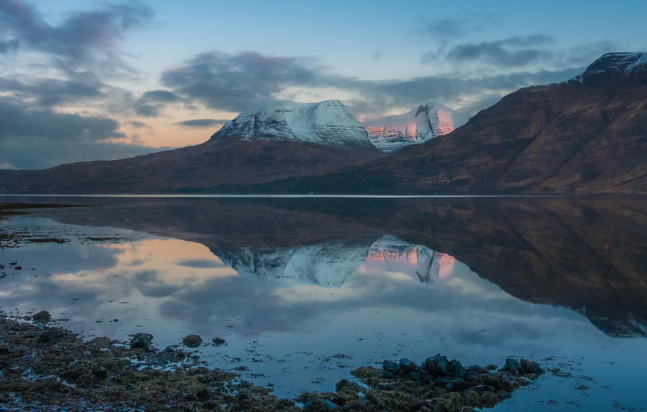 Photo wallpaper the sky, clouds, snow, mountains, lake, reflection, shore, slope
