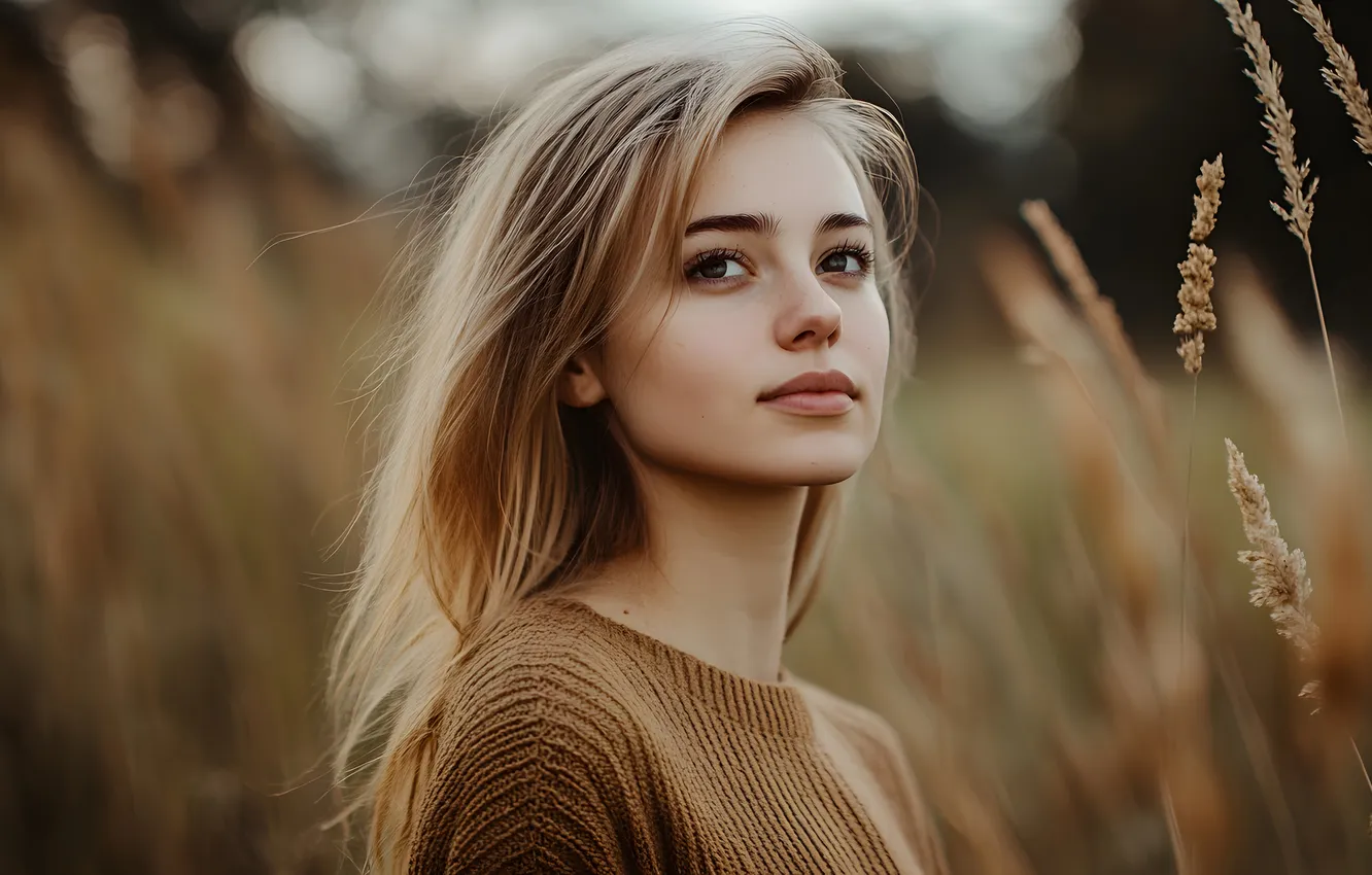 Photo wallpaper field, look, girl, nature, face, pose, smile, portrait