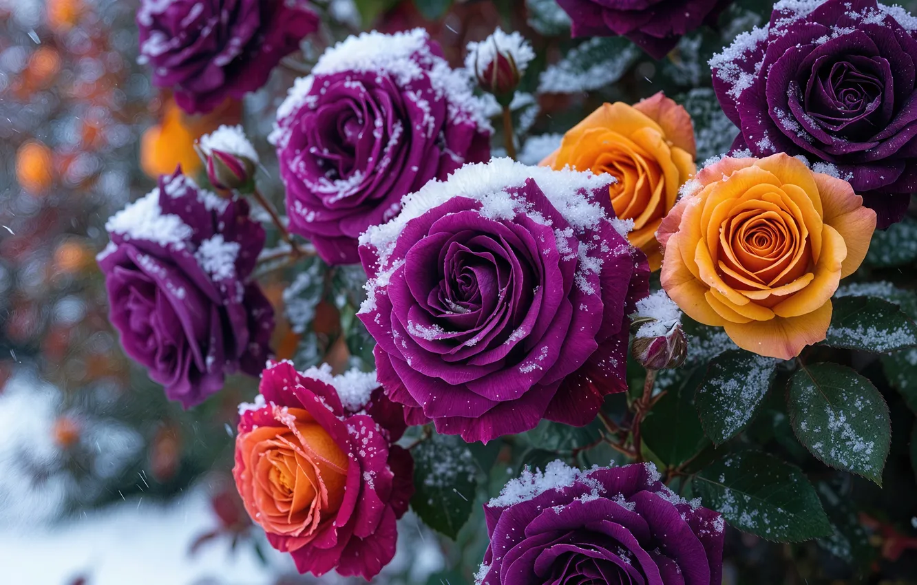 Photo wallpaper snow, roses, bouquet, AI art, neural network