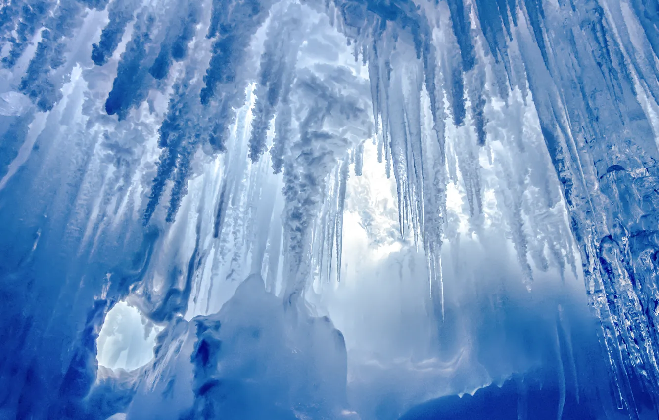 Photo wallpaper cave, Glacier, blue icicles