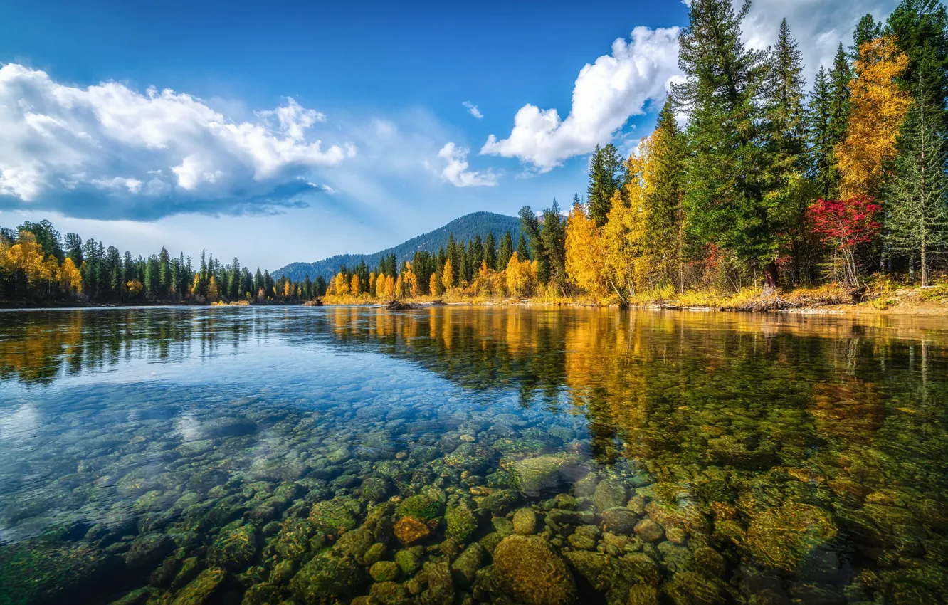 Photo wallpaper autumn, forest, the sky, clouds, trees, mountains, lake, reflection