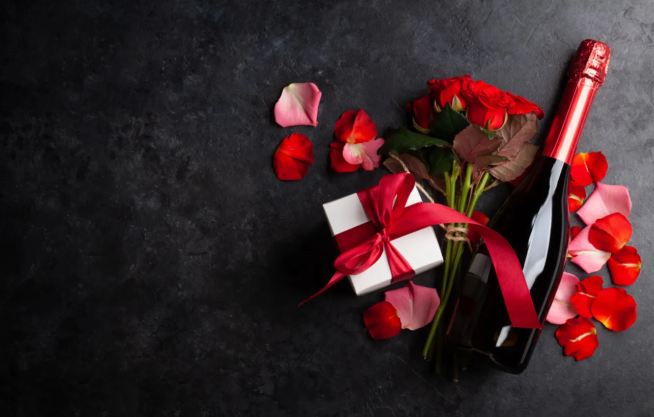 Photo wallpaper love, flowers, gift, wine, romance, bottle, roses, petals