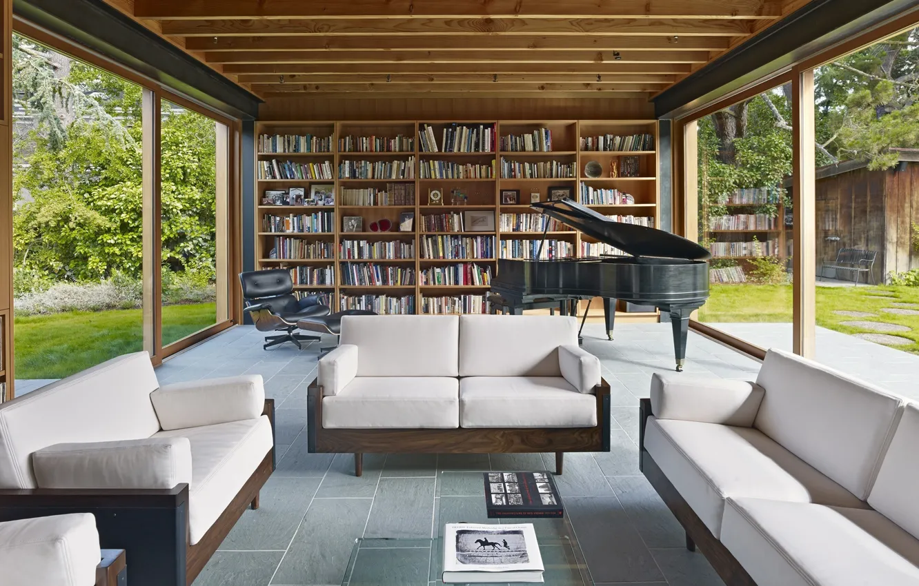 Photo wallpaper interior, piano, library, living room, Low-Rise House, by Spiegel Aihara Workshop