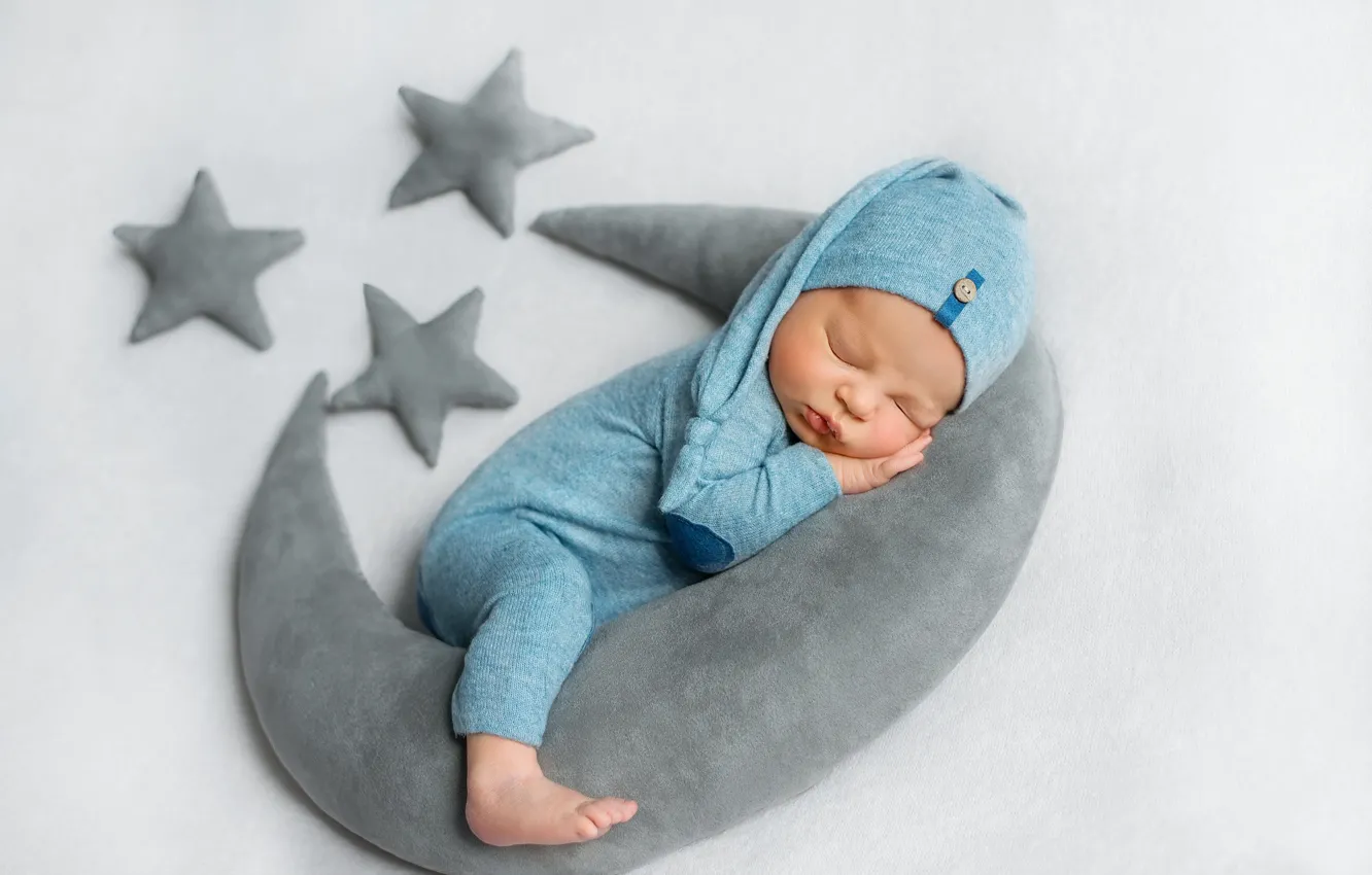 Photo wallpaper sleep, stars, pillow, jumpsuit, child, baby, Crescent, top