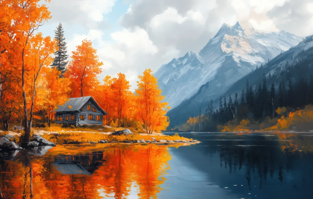 Photo wallpaper colors, mountains, cabin