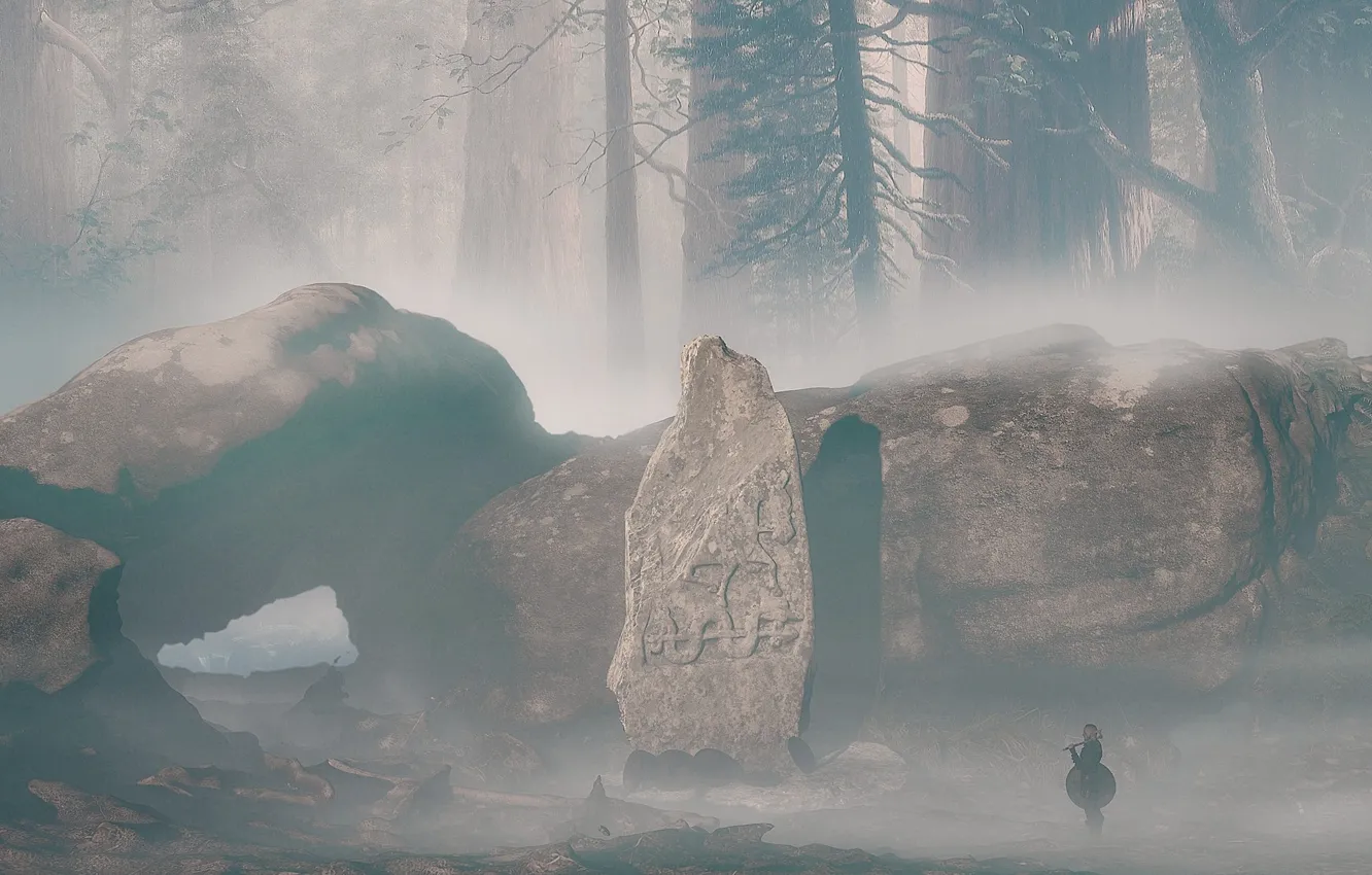 Photo wallpaper forest, stones, sign, warrior, Pagan memories
