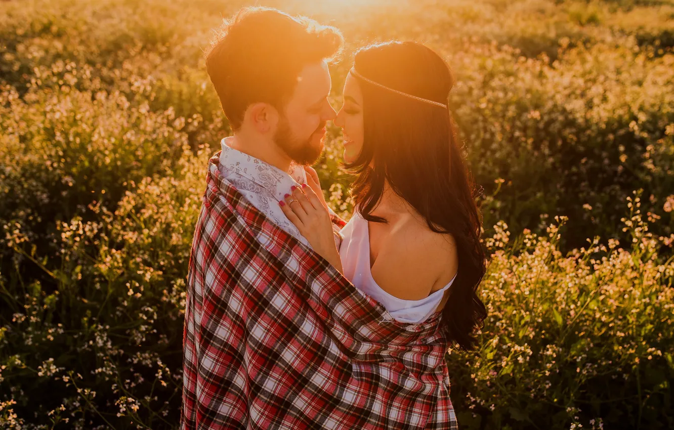 Photo wallpaper field, girl, love, flowers, nature, smile, shirt, love