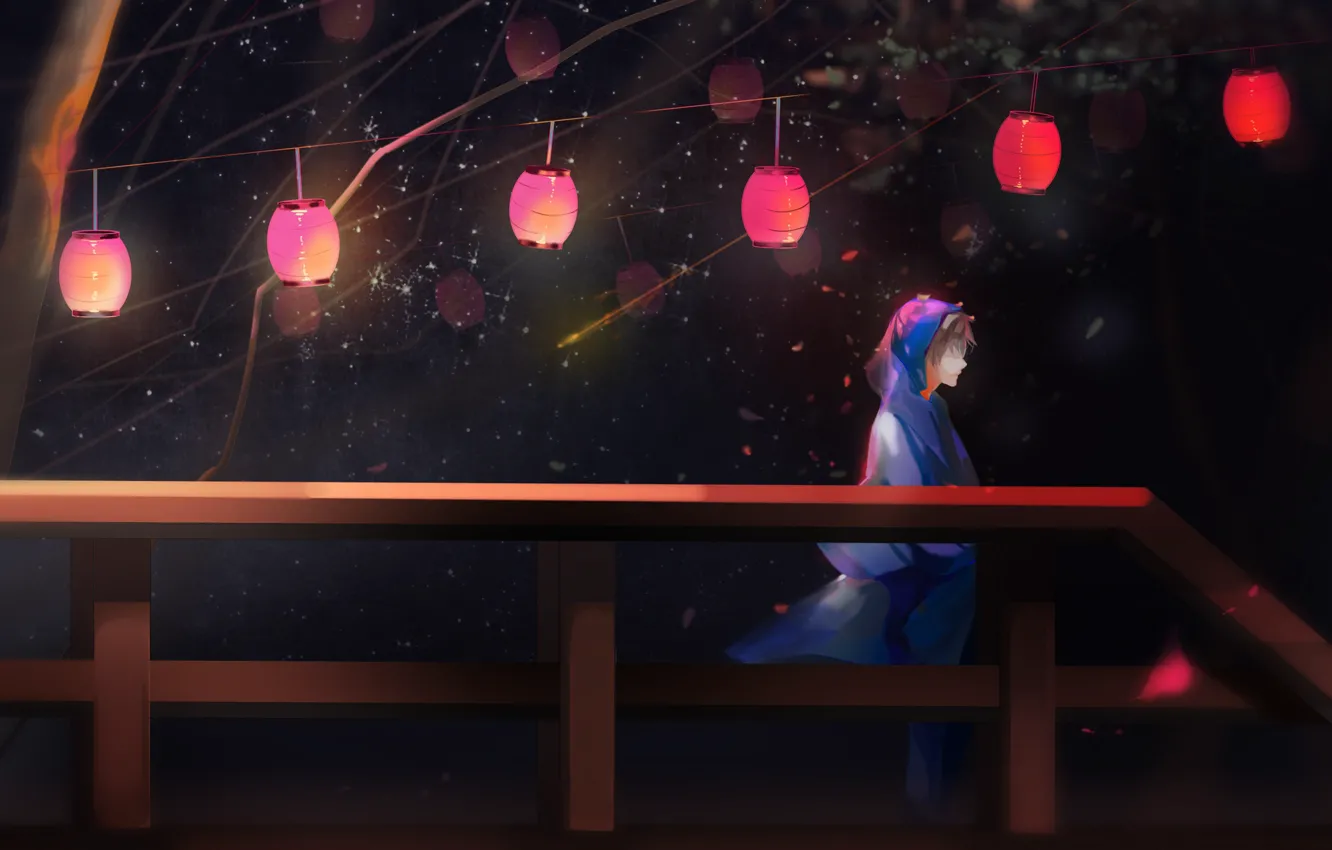 Photo wallpaper trees, night, bridge, hood, railings, guy, is, blue