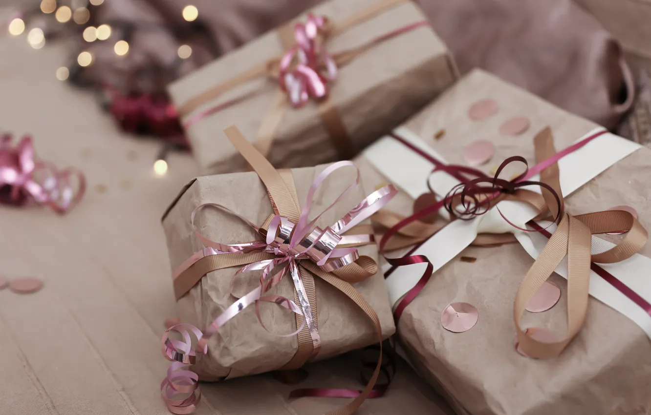Photo wallpaper Christmas, gifts, New year, bows, box, bokeh, Christmas decorations