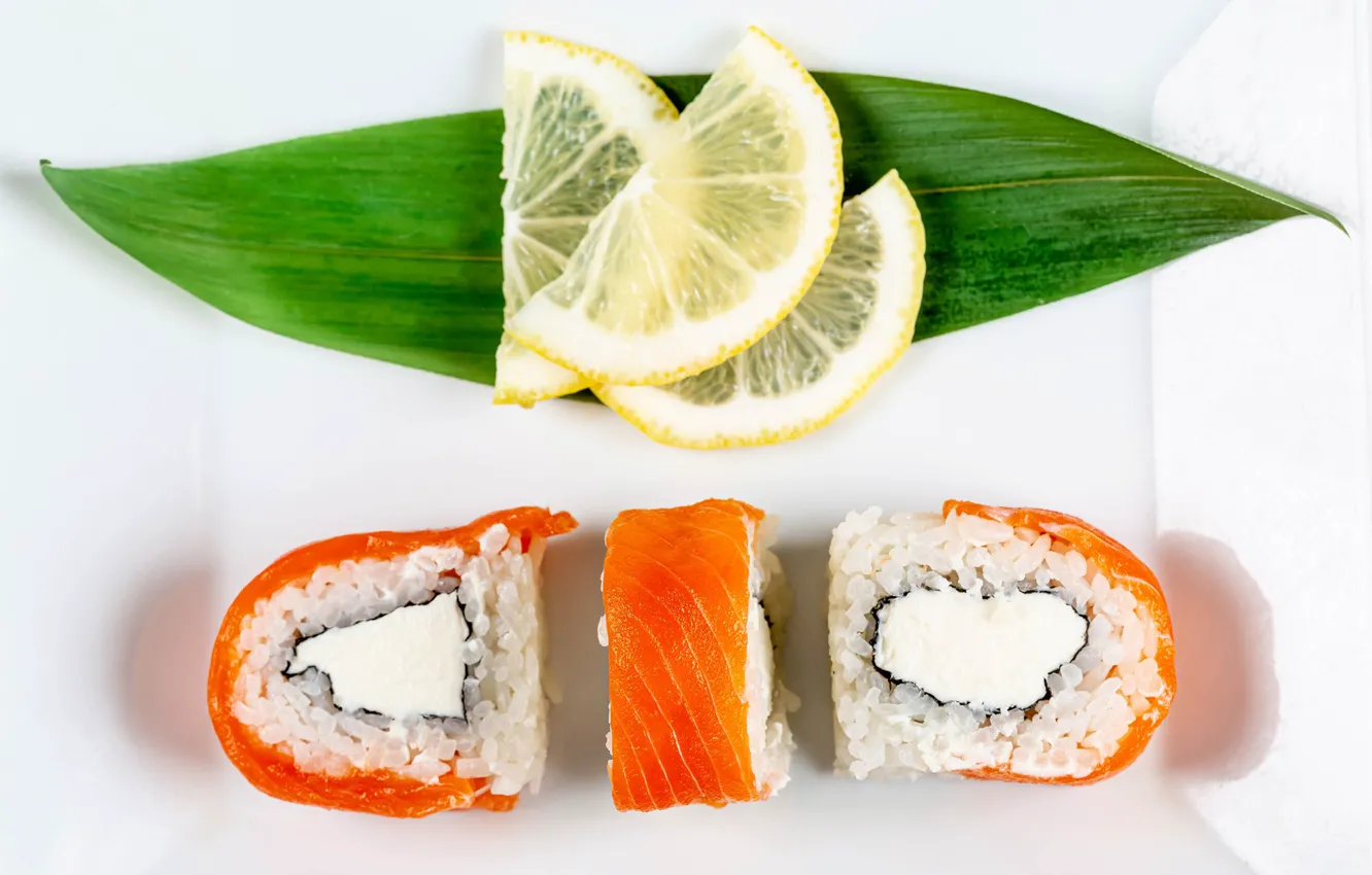 Photo wallpaper lemon, fish, figure, sushi, rolls, seafood