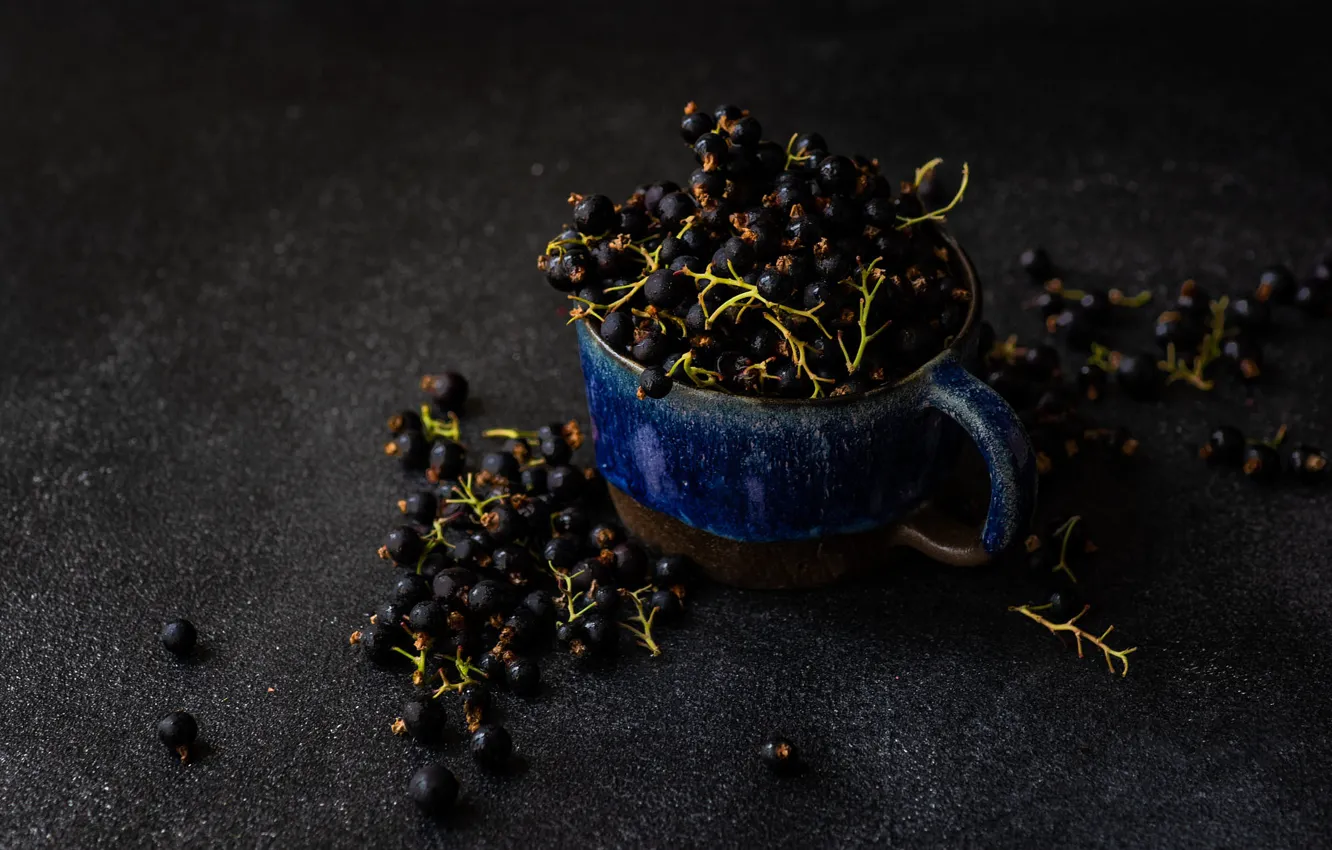 Photo wallpaper berries, the dark background, table, mug, Cup, black, placer, currants