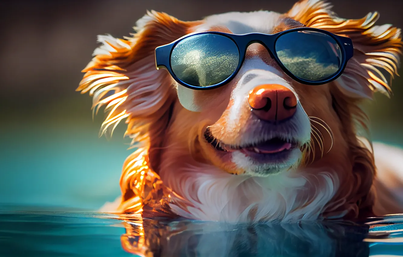 Photo wallpaper look, face, water, dog, digital art, sunglasses, AI art, The Art of Artificial Intelligence