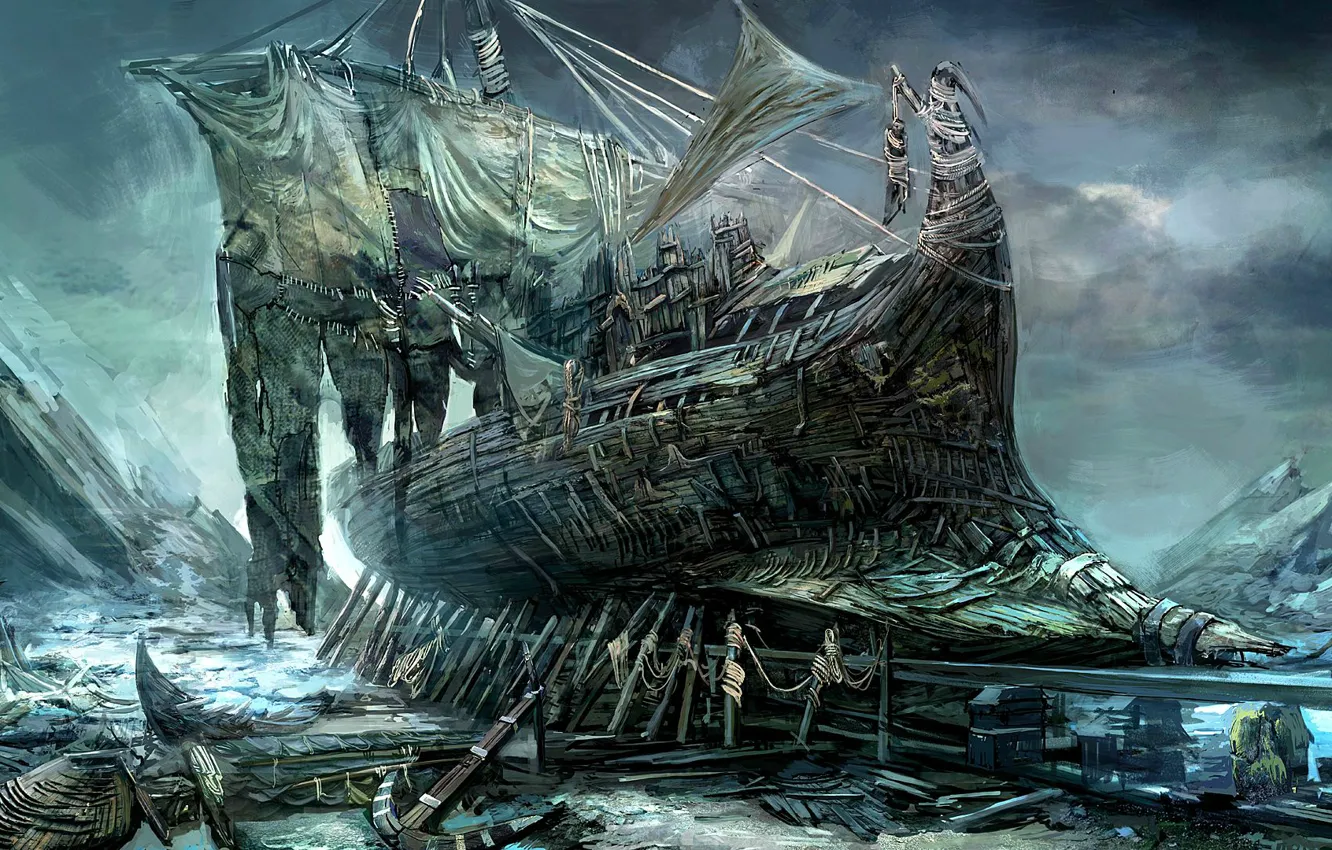 Photo wallpaper ship, destruction, twilight, abandoned, anchor, the Witcher, damn place, torn sails