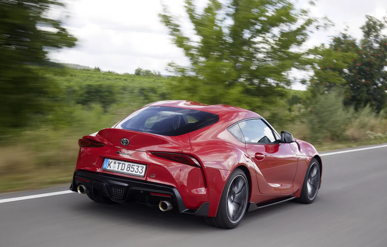 Photo wallpaper road, red, movement, coupe, Toyota, Supra, shrub, the fifth generation