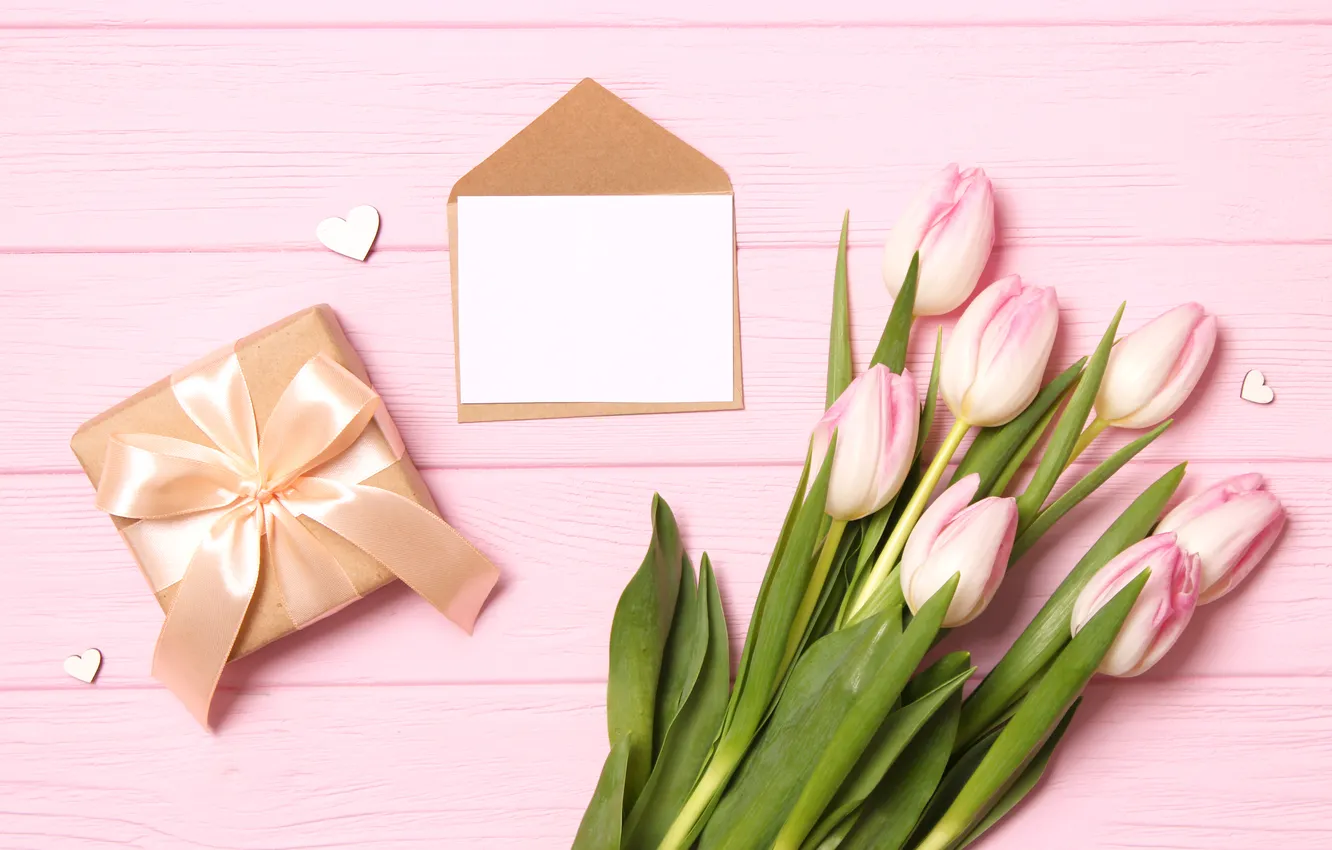 Photo wallpaper flowers, gift, bouquet, tulips, pink, wood, pink, flowers