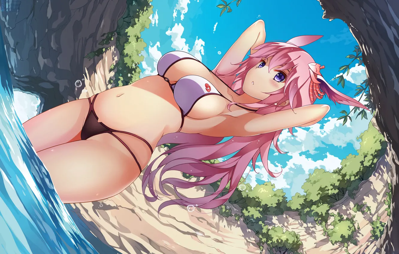 Photo wallpaper girl, grass, sexy, wet, beach, pink hair, long hair, trees