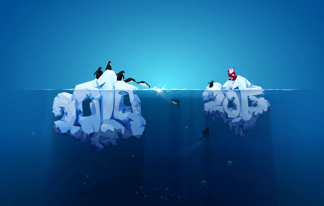 Photo wallpaper new year, penguins, iceberg, 2014, 2015, red Santa