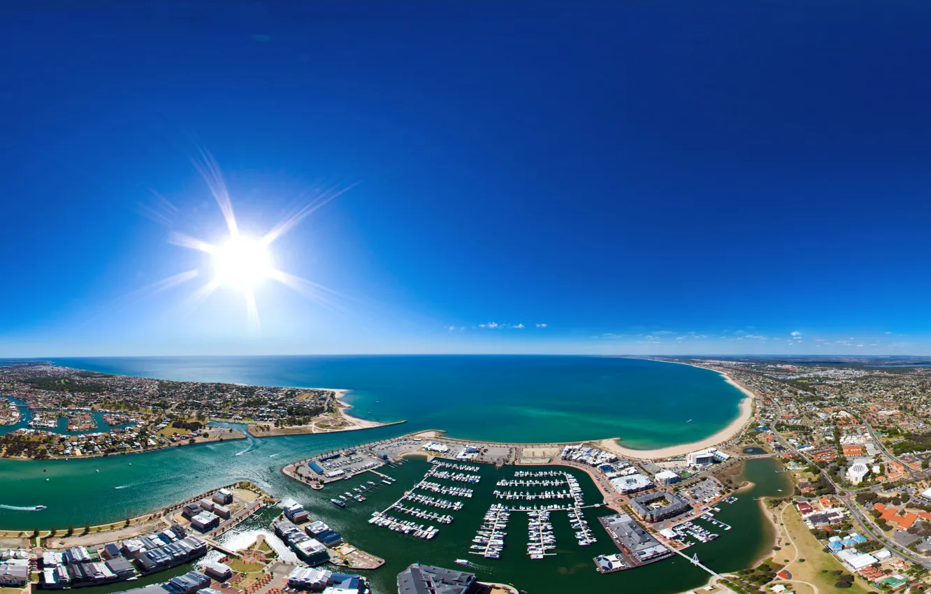 Photo wallpaper the sky, the sun, the city, the ocean, coast, boat, home, horizon