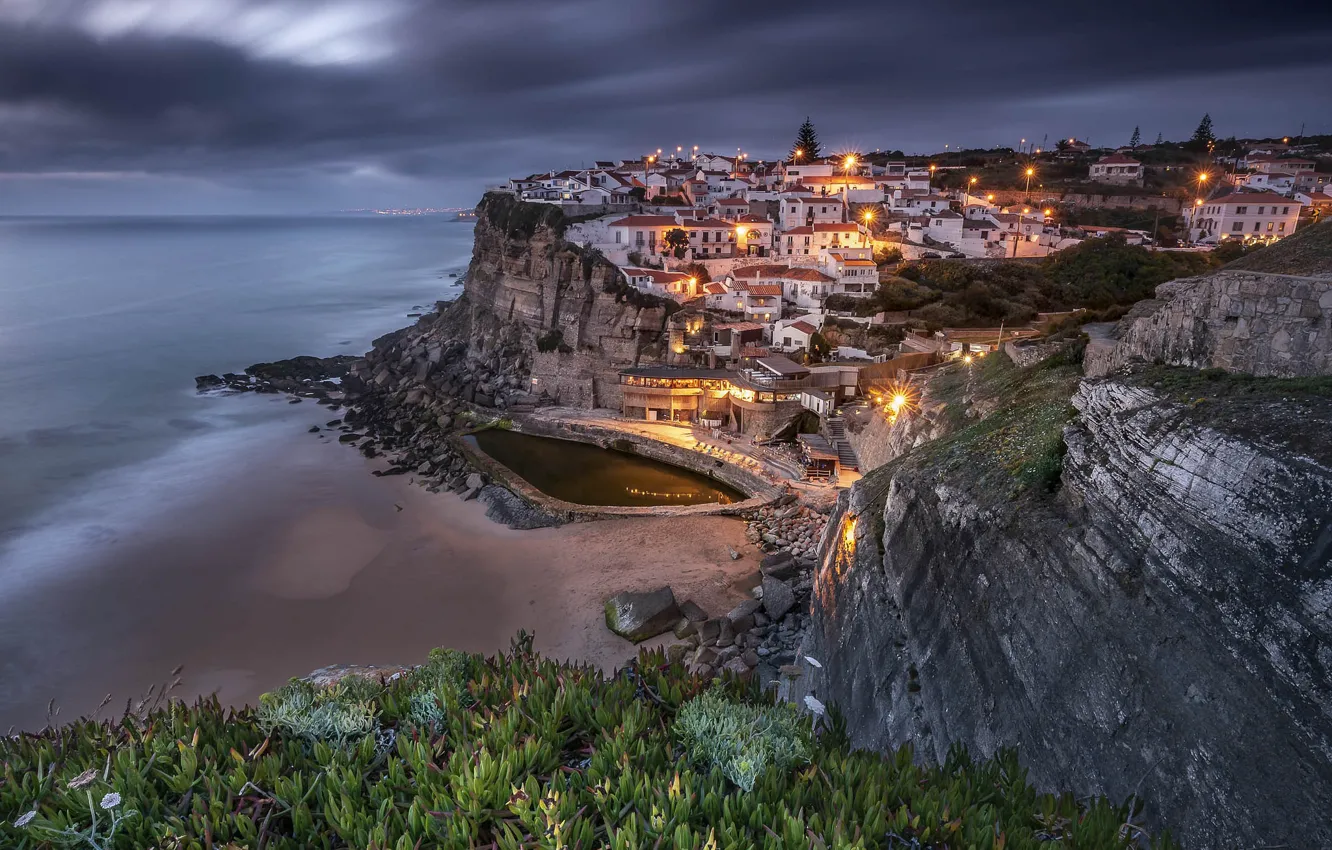 Photo wallpaper lights, coast, the evening, Portugal, Azenhas do Mar, Sintra