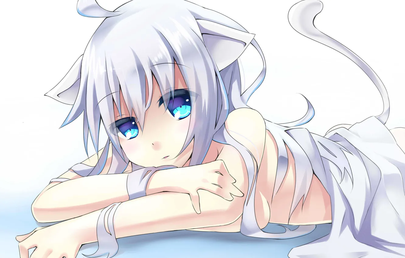 Photo wallpaper look, surprise, girl, tail, bed, neko, ears, art