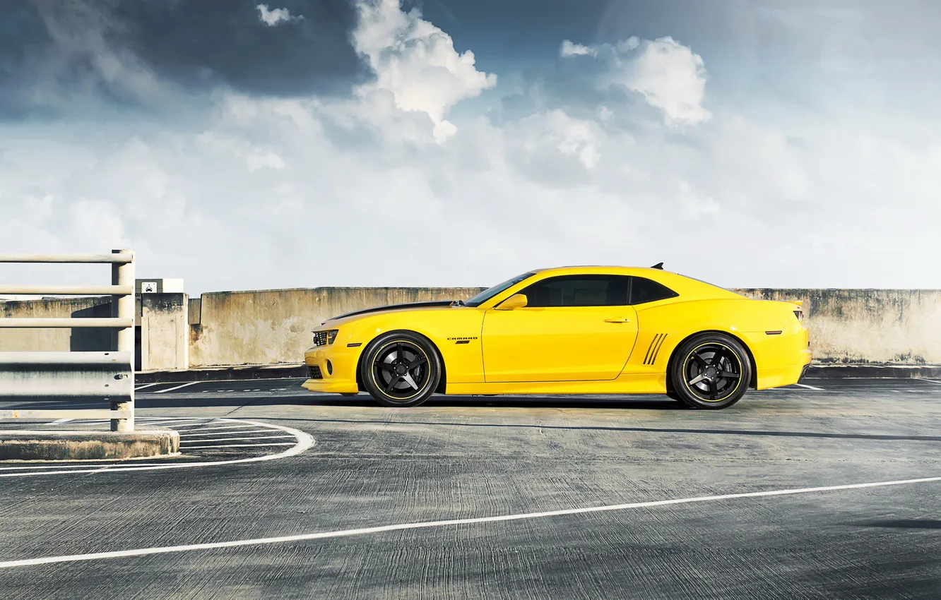 Photo wallpaper yellow, black, the fence, profile, Chevrolet, drives, chevrolet, yellow