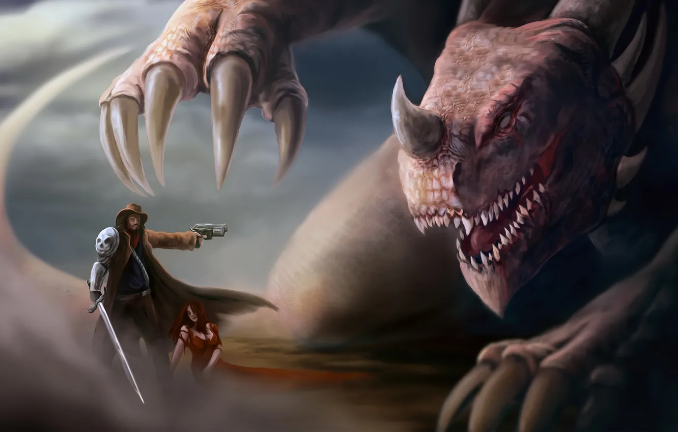 Photo wallpaper gun, woman, dragon, sword, cowboy